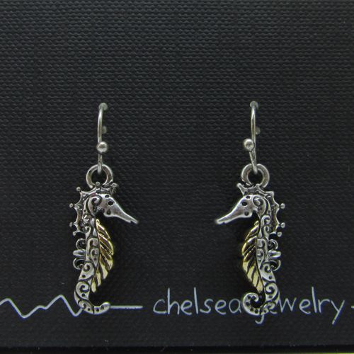 Pewter Two-tone Seahorse Dangle Earrings